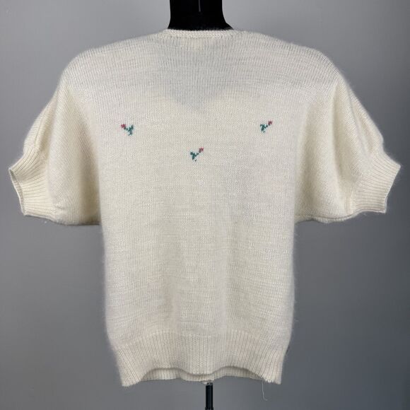 Vintage 80s 90s Angora Blend Floral Cardigan Short Sleeve, Made in Hong Kong - Picture 13 of 15